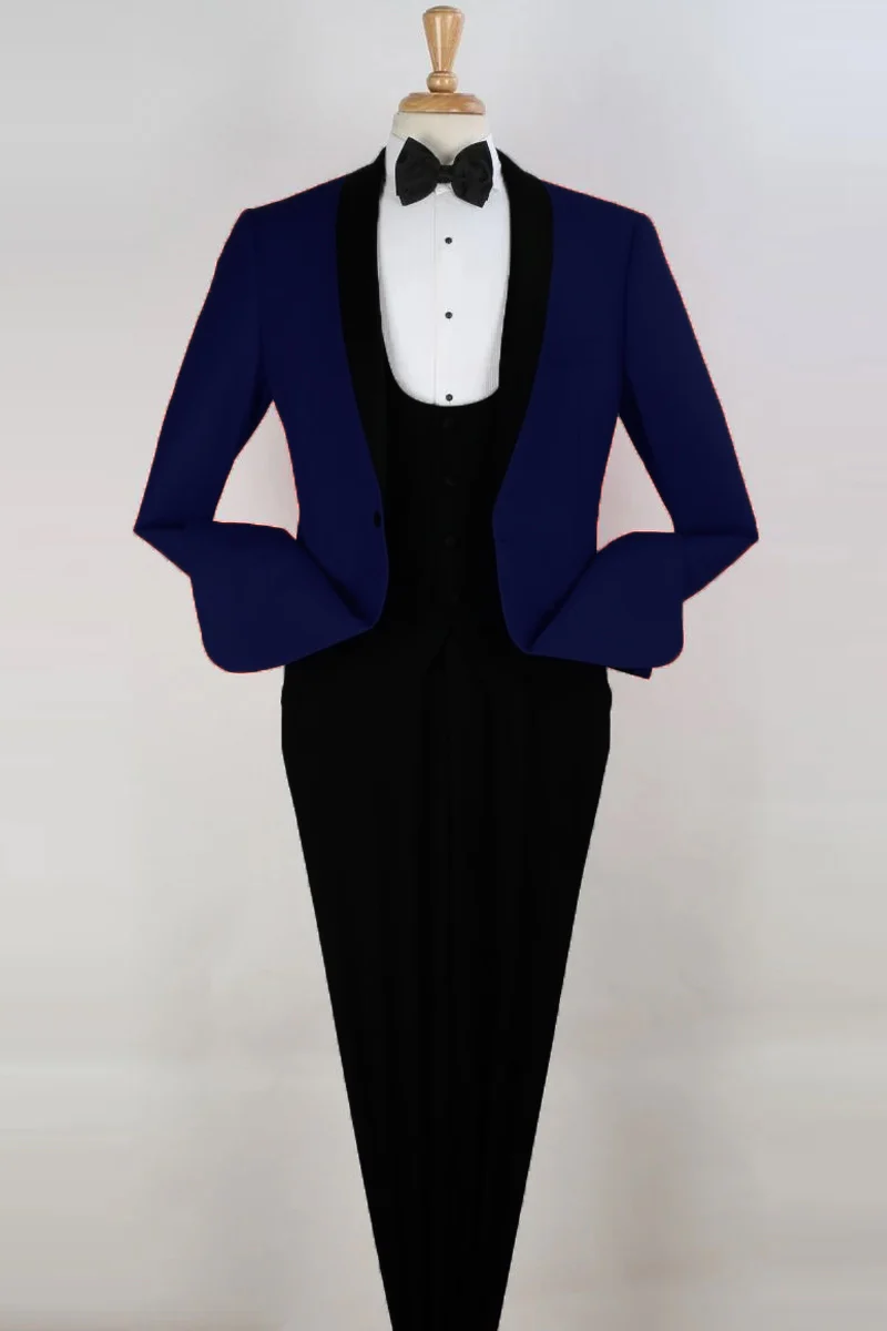 Mens 1 button Scoop Vested Shawl Tuxedo in Blue