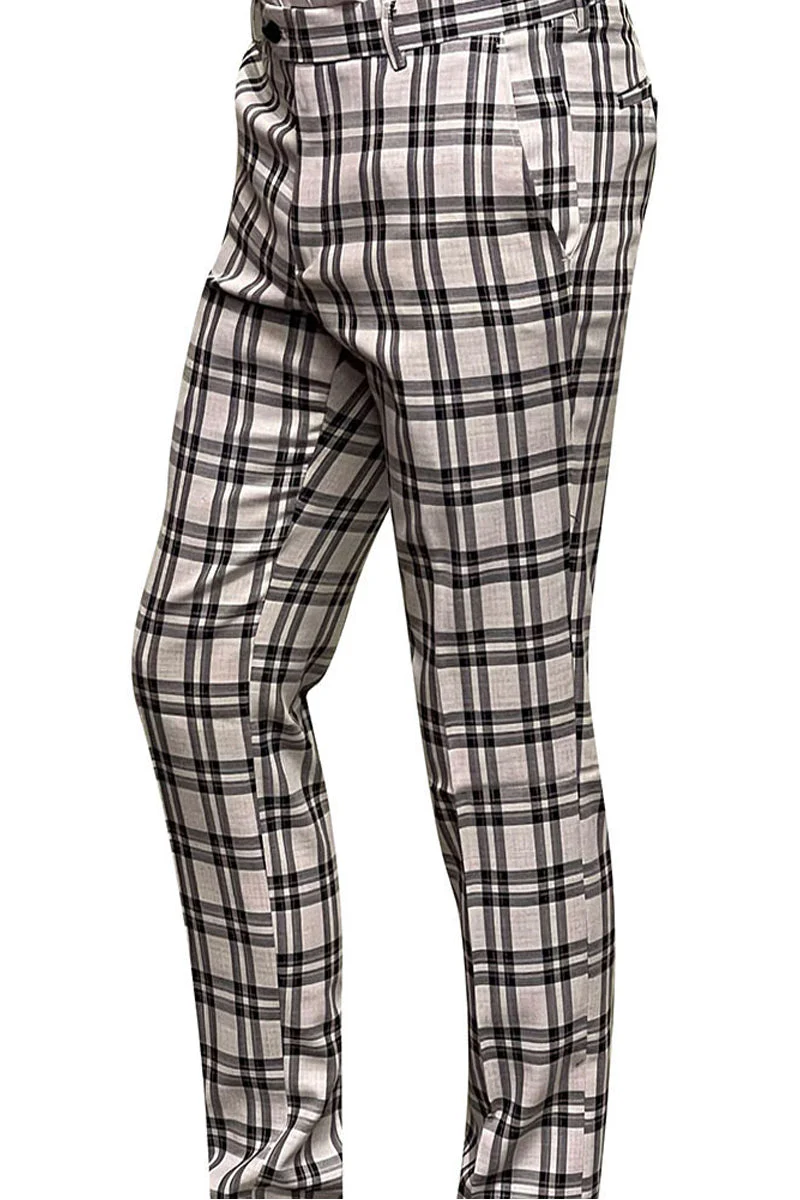 Men's 100% Wool Slim Fit Flat Front Dress Pant in Black Windowpane Plaid