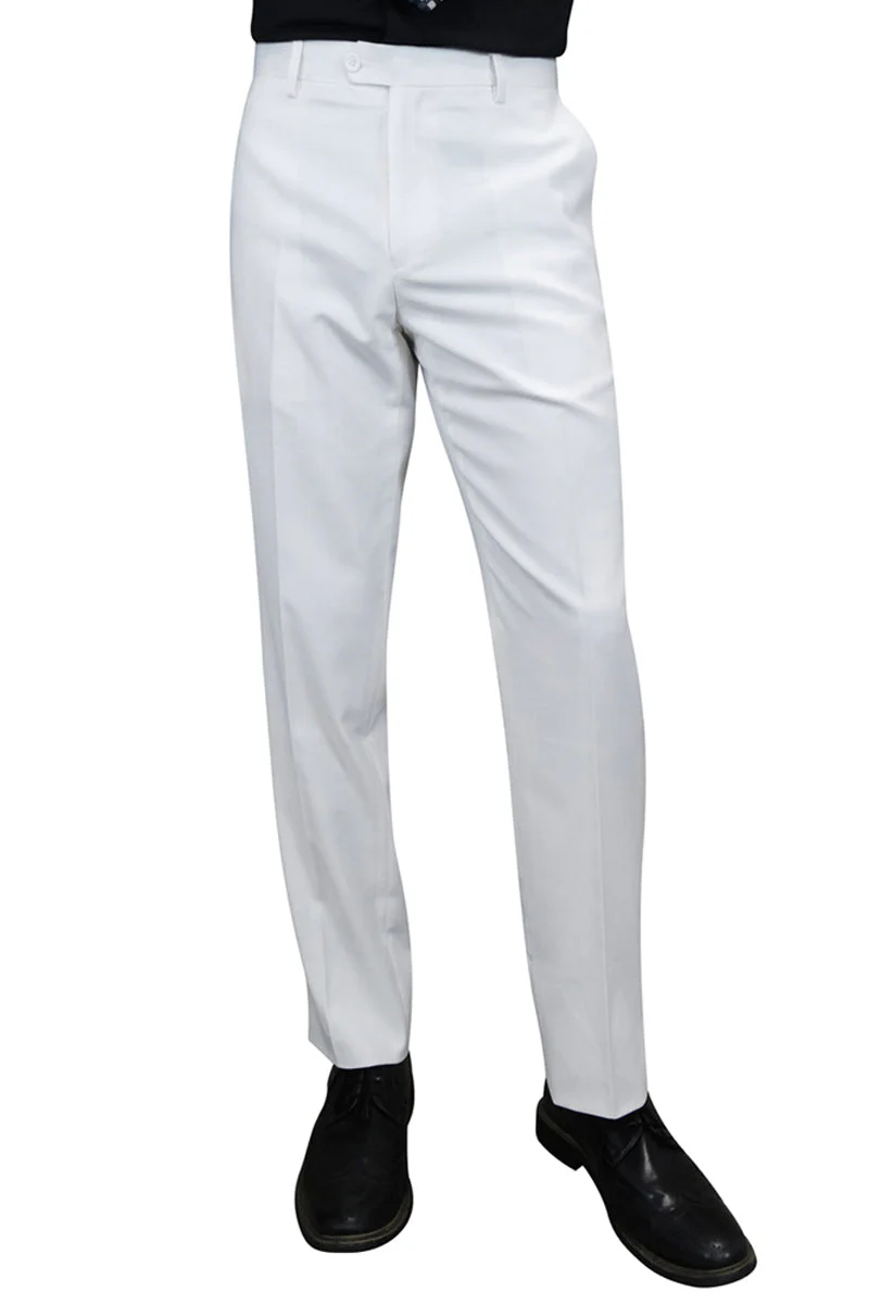 Men's 100% Wool Slim Fit Flat Front Dress Pant in White