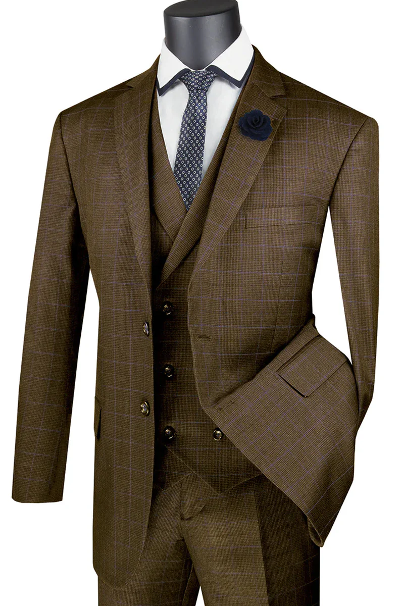 Mens 2 Button Double Breasted Vest Plaid Suit in Taupe