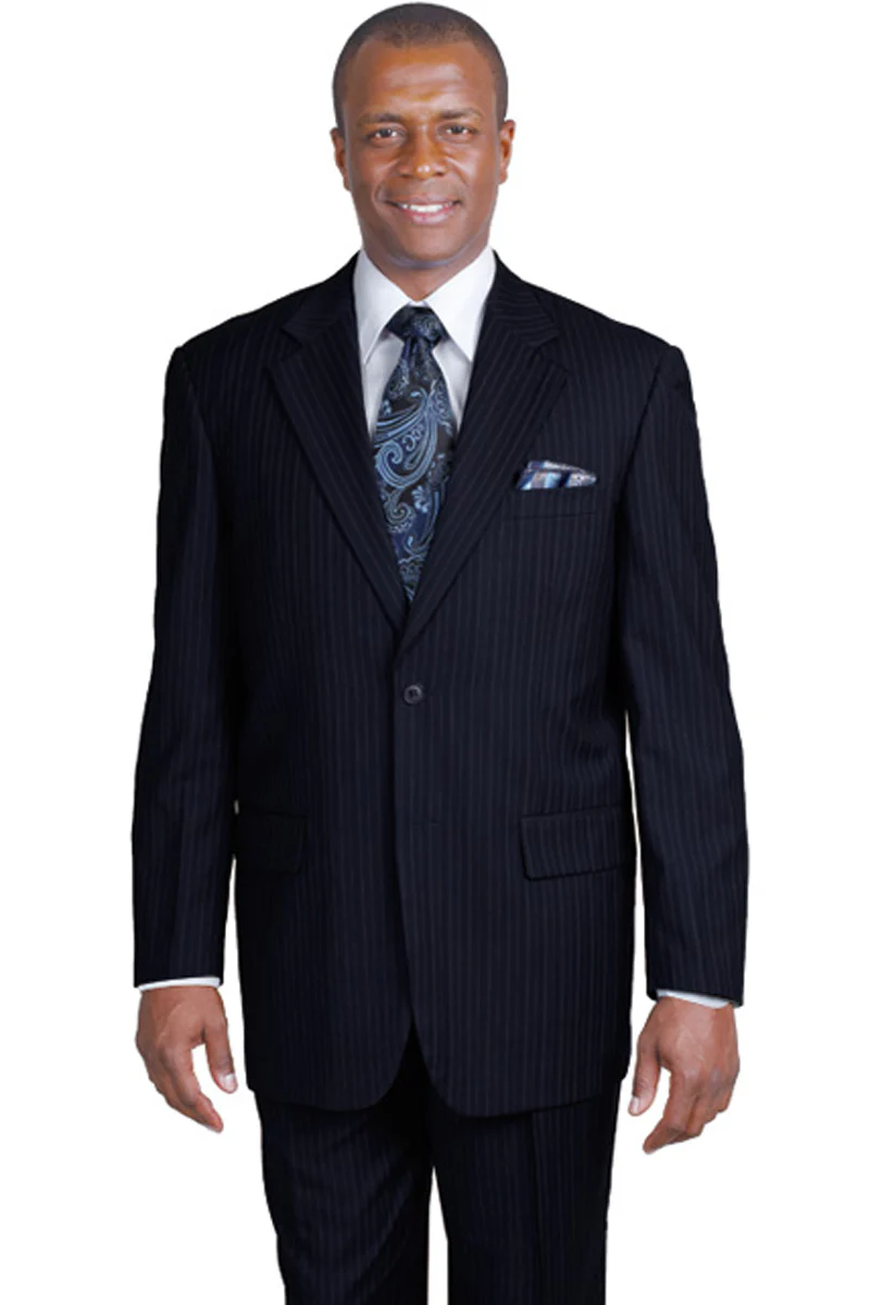 Mens 2 Button Modern Fit Banker Pinstripe Suit in Navy