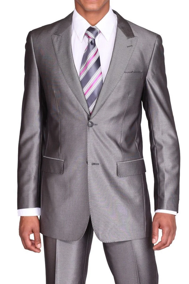 Mens 2 Button Slim Fit Peak Lapel Shiny Sharkskin Suit in Grey