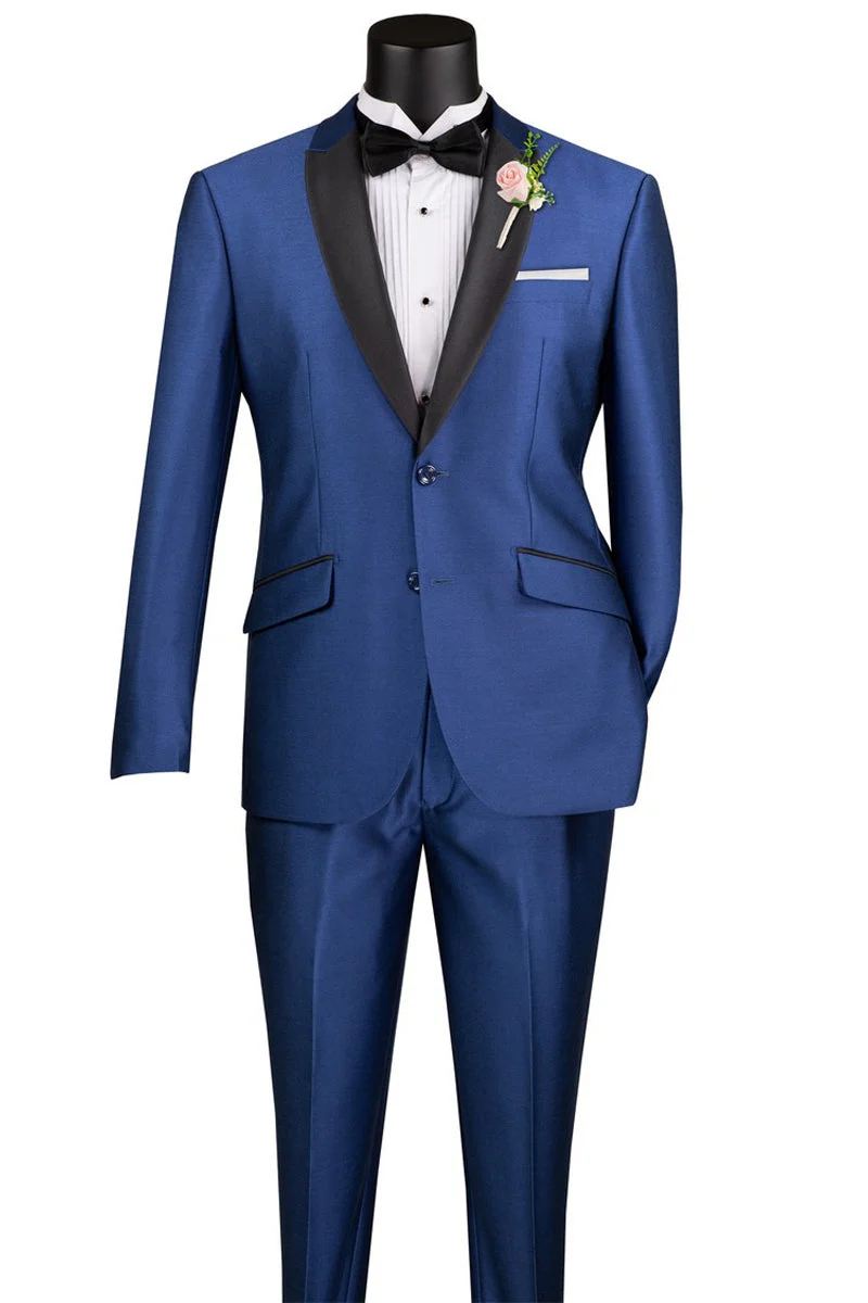 Men's 2 Button Slim Fit Peak Shawl Tuxedo in Navy Blue - Image 2
