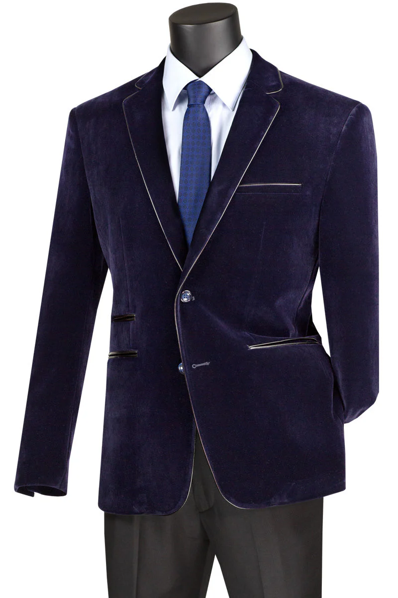 Men's 2 Button Velvet Blazer in Navy Blue with Black leather Piping Trim