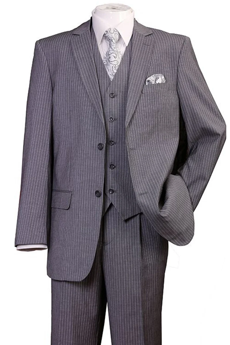 Mens 2 Button Vested 1920's Bold Gangster Pinstripe Suit in Grey