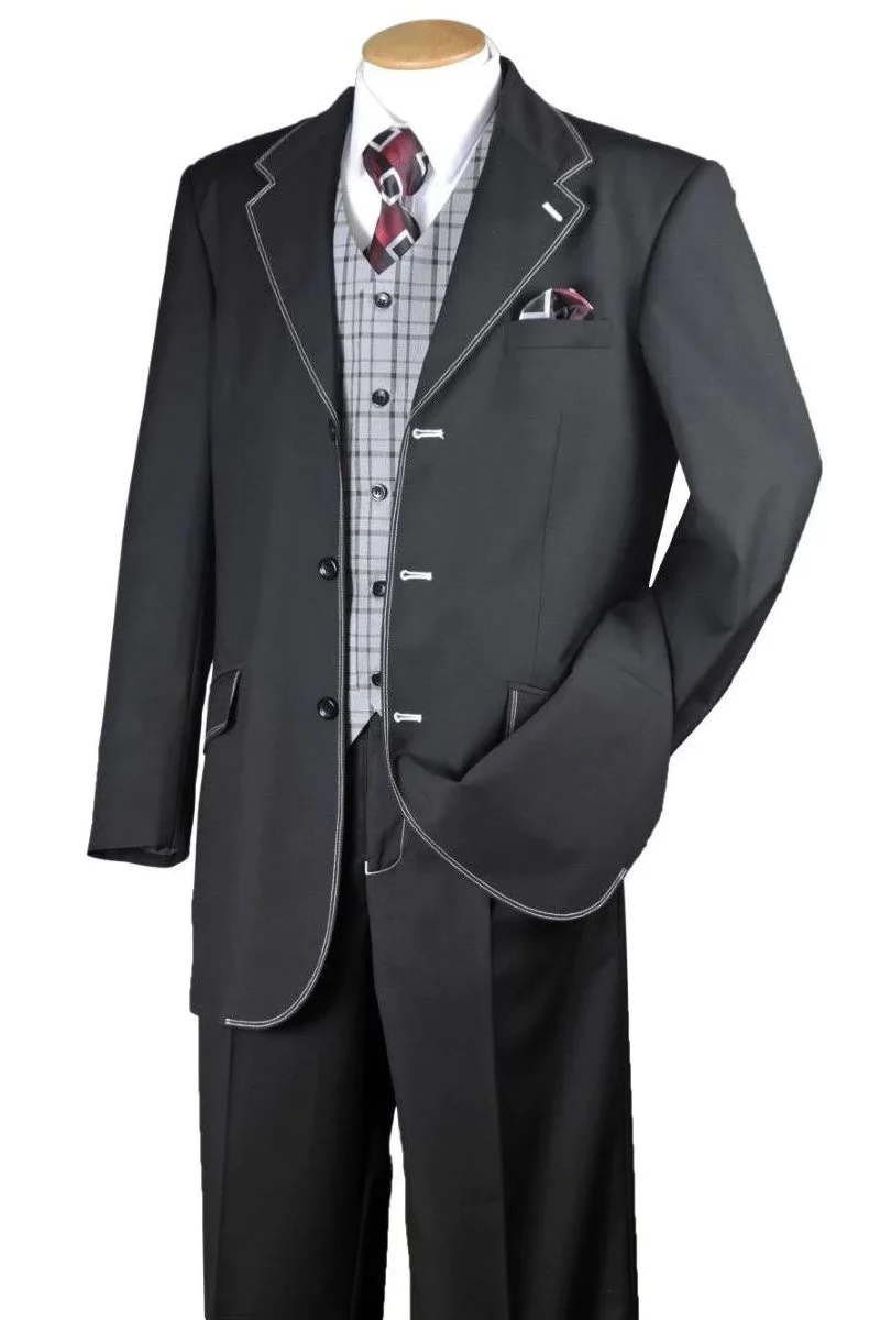Mens 3 Button Fashion Semi Wide Leg Vested Suin in Black with White Stitching