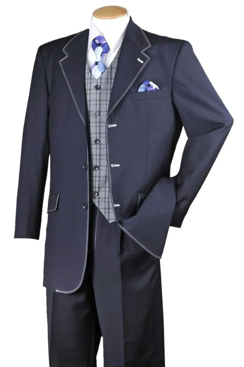 Mens 3 Button Fashion Semi Wide Leg Vested Suin in Navy with White Stitching