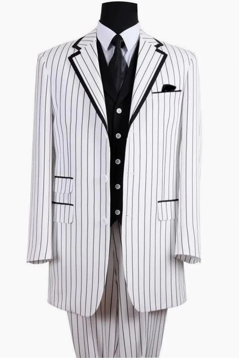 Mens 3 Button Vested Barbershop Quartet Suin in White with Black Pinstripes
