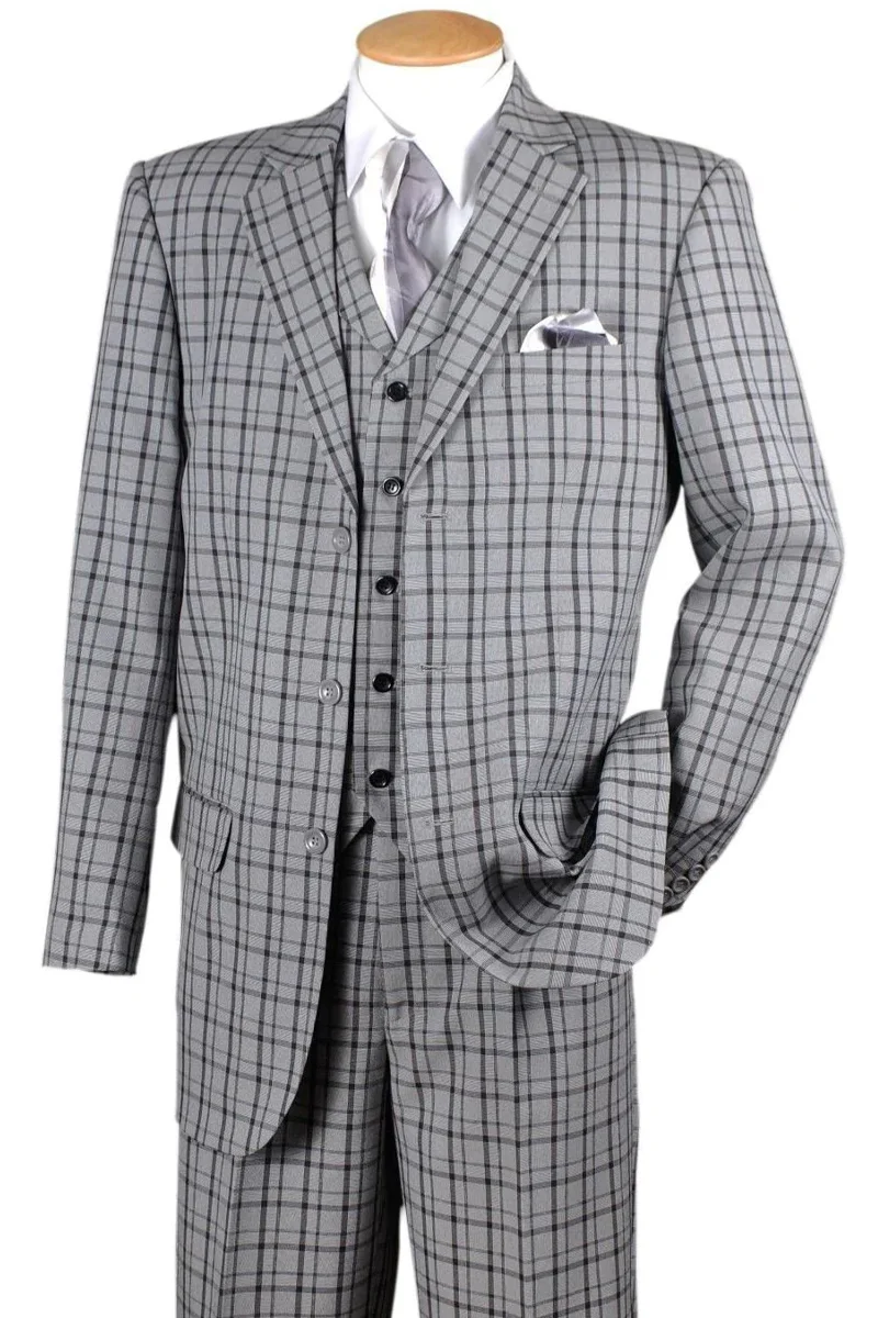 Mens 3 Button Vested Windowpane Plaid Fashion Suit in Navy Blue
