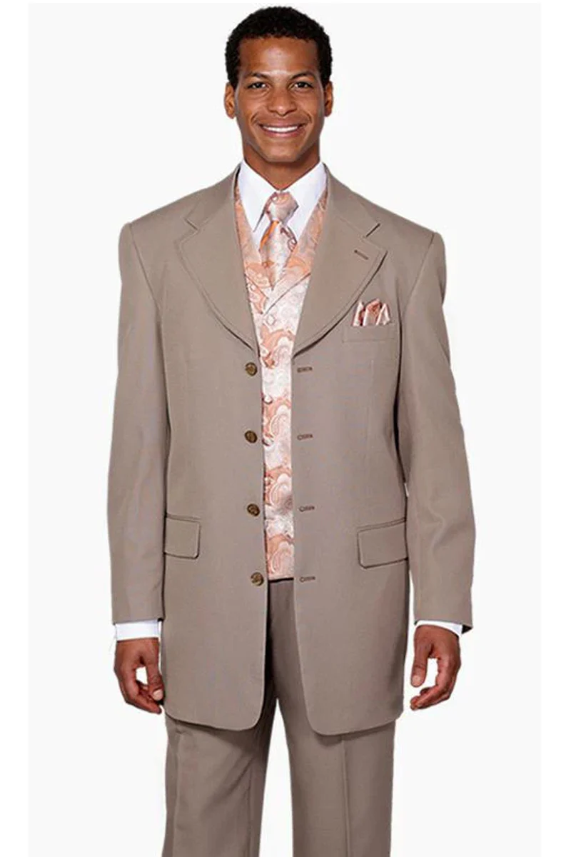 Mens 4 Button Long Vested Fashion Suit in Tan with Paisley Vest