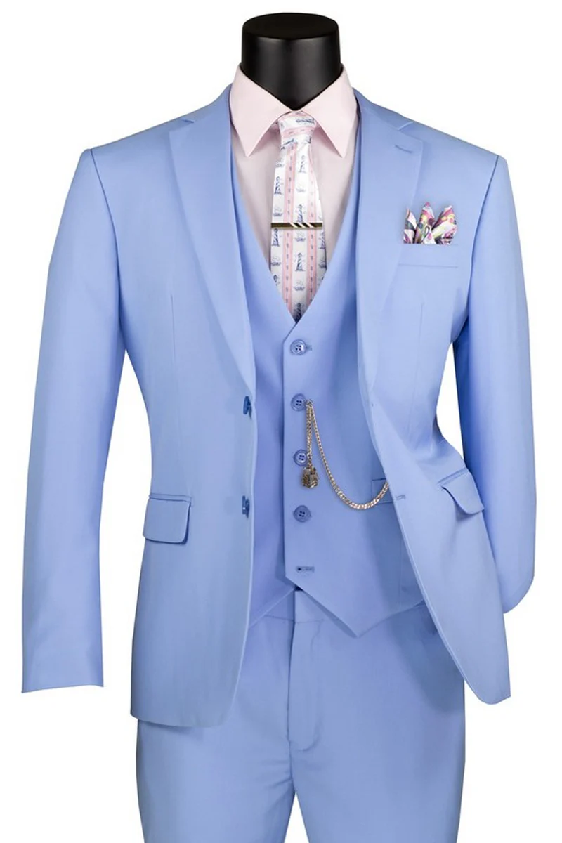 Mens Basic 2 Button Vested Slim Fit Suit in Light Blue