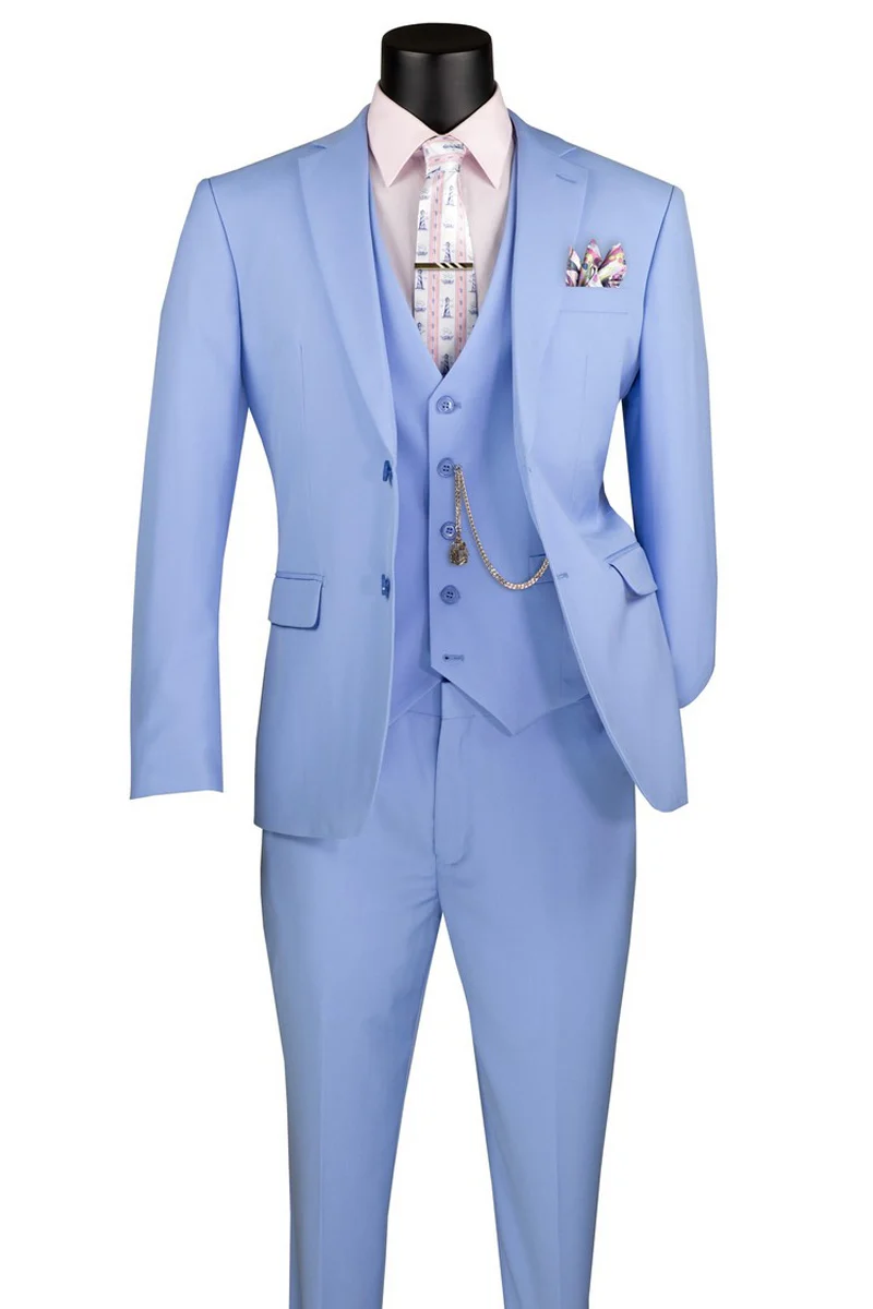 Mens Basic 2 Button Vested Slim Fit Suit in Light Blue - Image 2