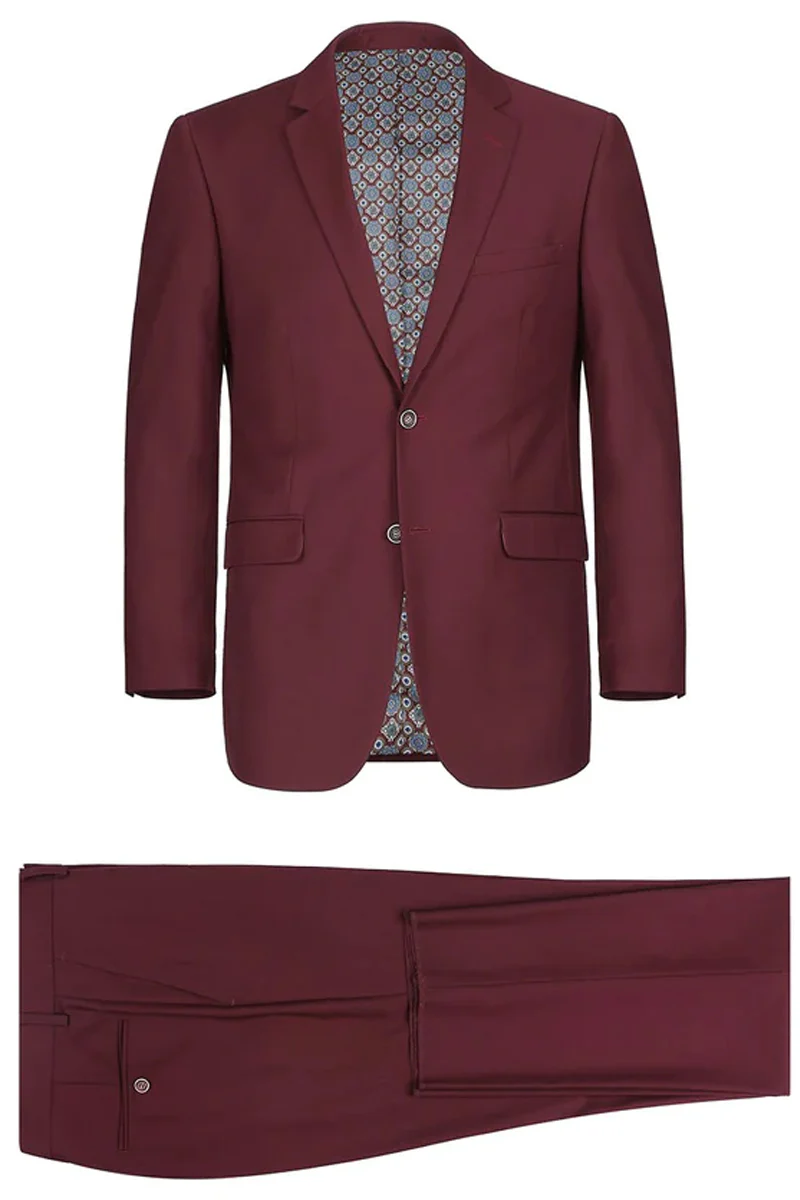 Mens Basic Two Button Classic Fit Suit with Optional Vest in Burgundy - Image 2