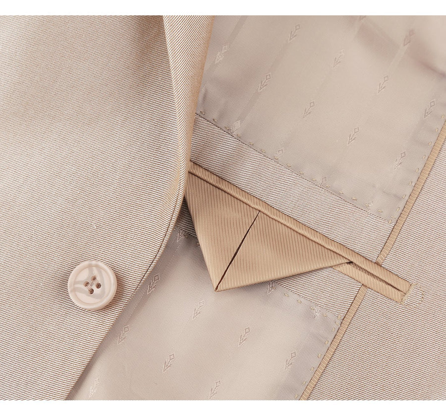 Mens Basic Two Button Classic Fit Suit with Optional Vest in Shiny Champagne Tan Sharkskin - Image 4
