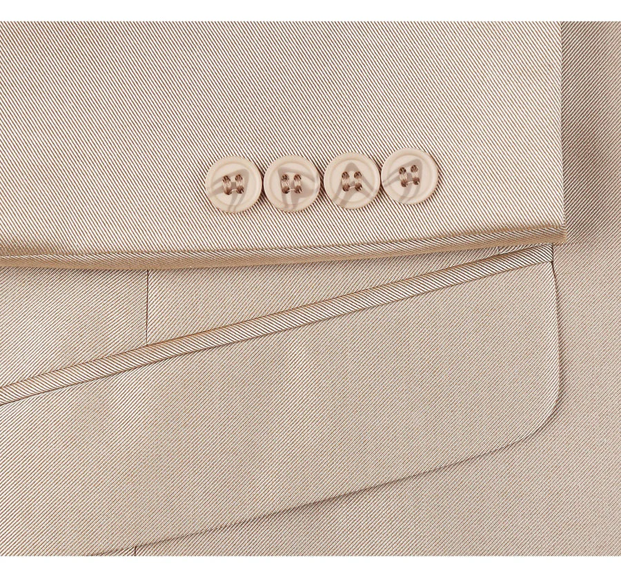 Mens Basic Two Button Classic Fit Suit with Optional Vest in Shiny Champagne Tan Sharkskin - Image 5