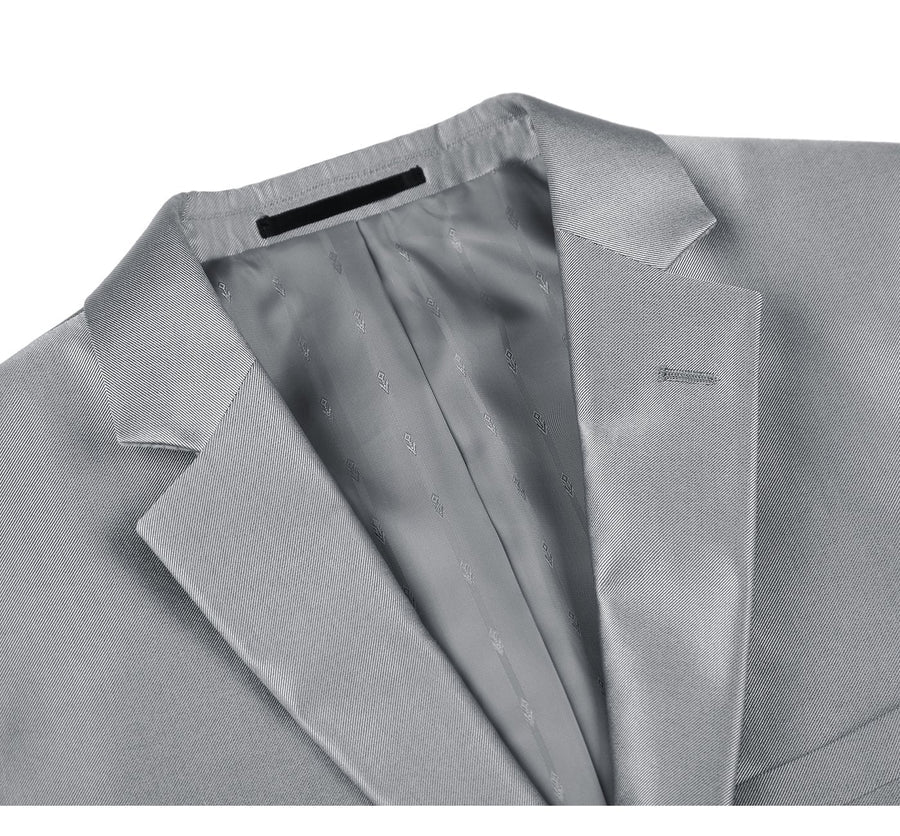 Mens Basic Two Button Classic Fit Suit with Optional Vest in Shiny Silver Grey Sharkskin - Image 3