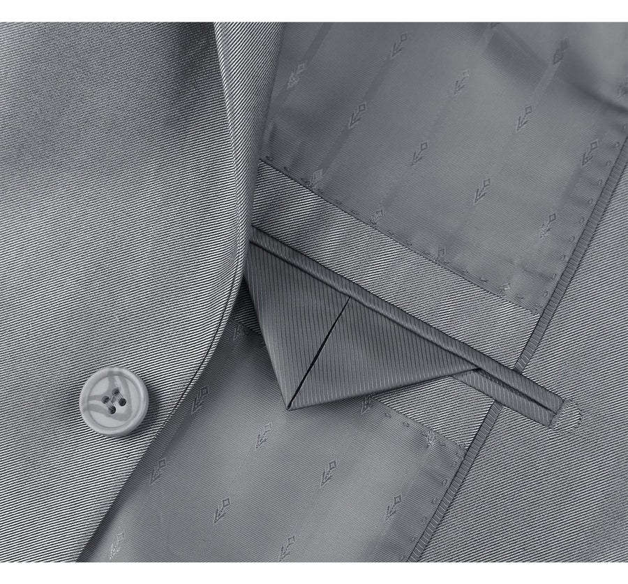 Mens Basic Two Button Classic Fit Suit with Optional Vest in Shiny Silver Grey Sharkskin - Image 4