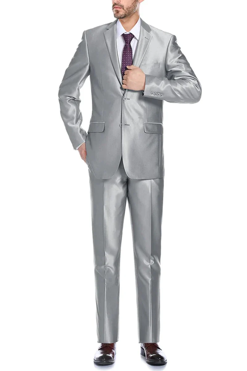 Mens Basic Two Button Classic Fit Suit with Optional Vest in Shiny Silver Grey Sharkskin | CLOSE OUT 34R