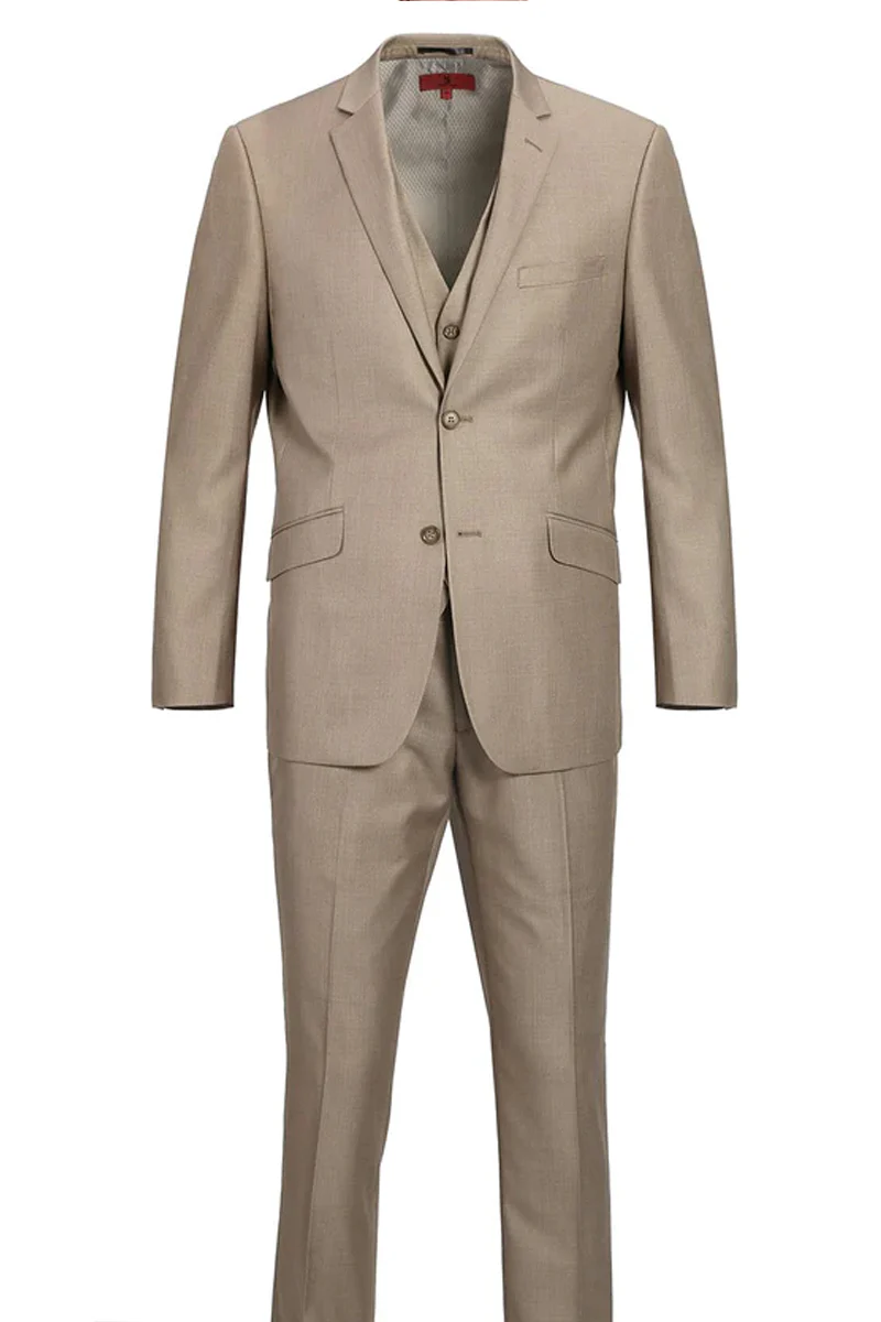 Mens Basic Two Button Classic Fit Suit with Optional Vest in Taupe - Image 2
