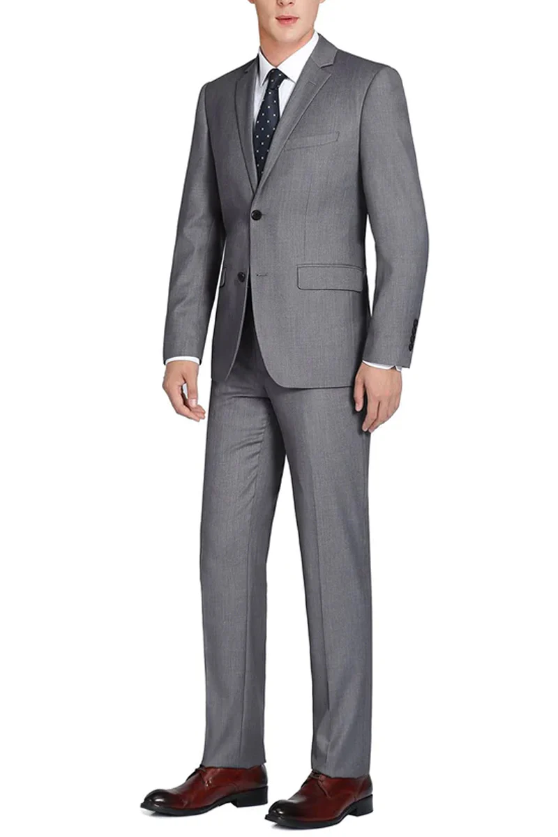 Mens Basic Two Button Classic Fit Wool Suit with Optional Vest in Grey - Image 2
