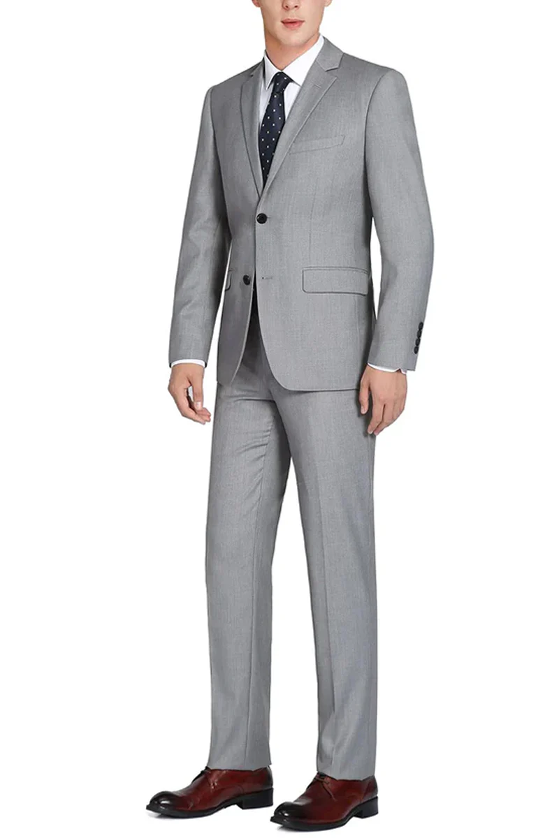 Mens Basic Two Button Classic Fit Wool Suit with Optional Vest in Light Grey - Image 2