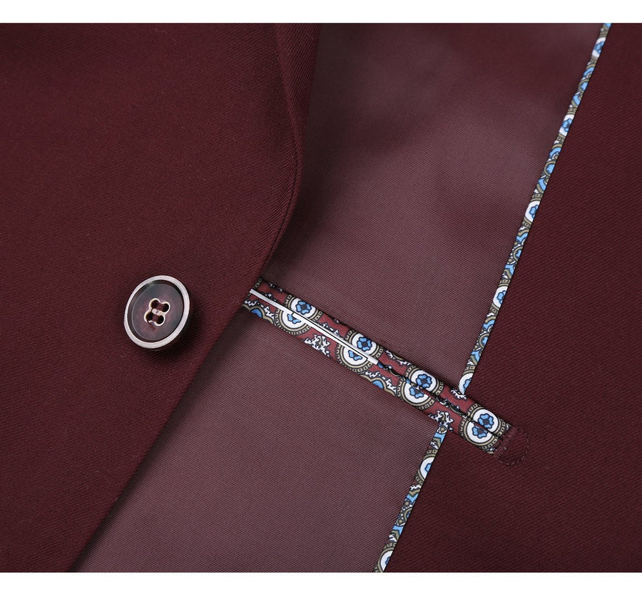 Mens Basic Two Button Slim Fit Suit with Optional Vest in Burgundy - Image 4