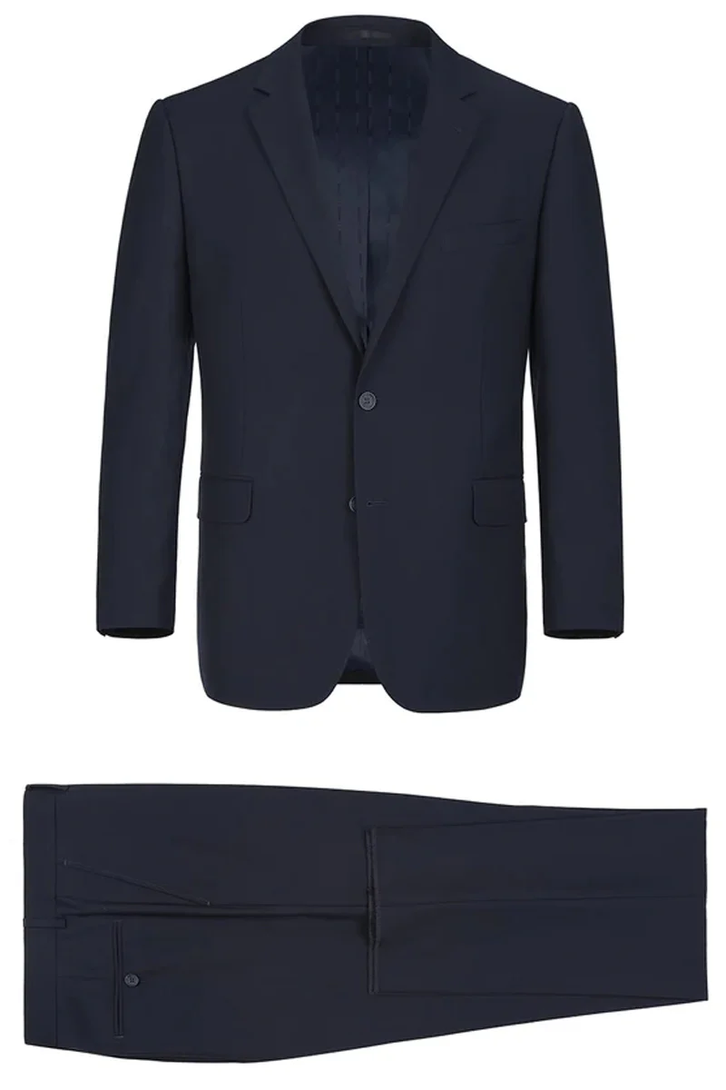 Mens Basic Two Button Slim Fit Suit with Optional Vest in Dark Navy Blue - Image 2