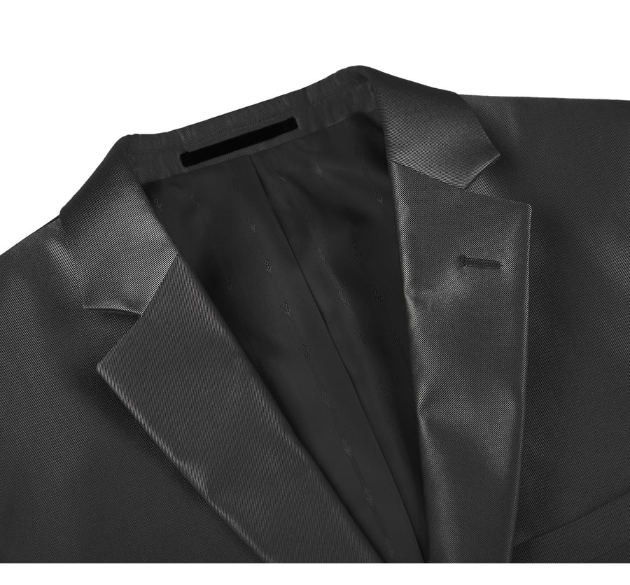 Mens Basic Two Button Slim Fit Suit with Optional Vest in Shiny Black Sharkskin - Image 3