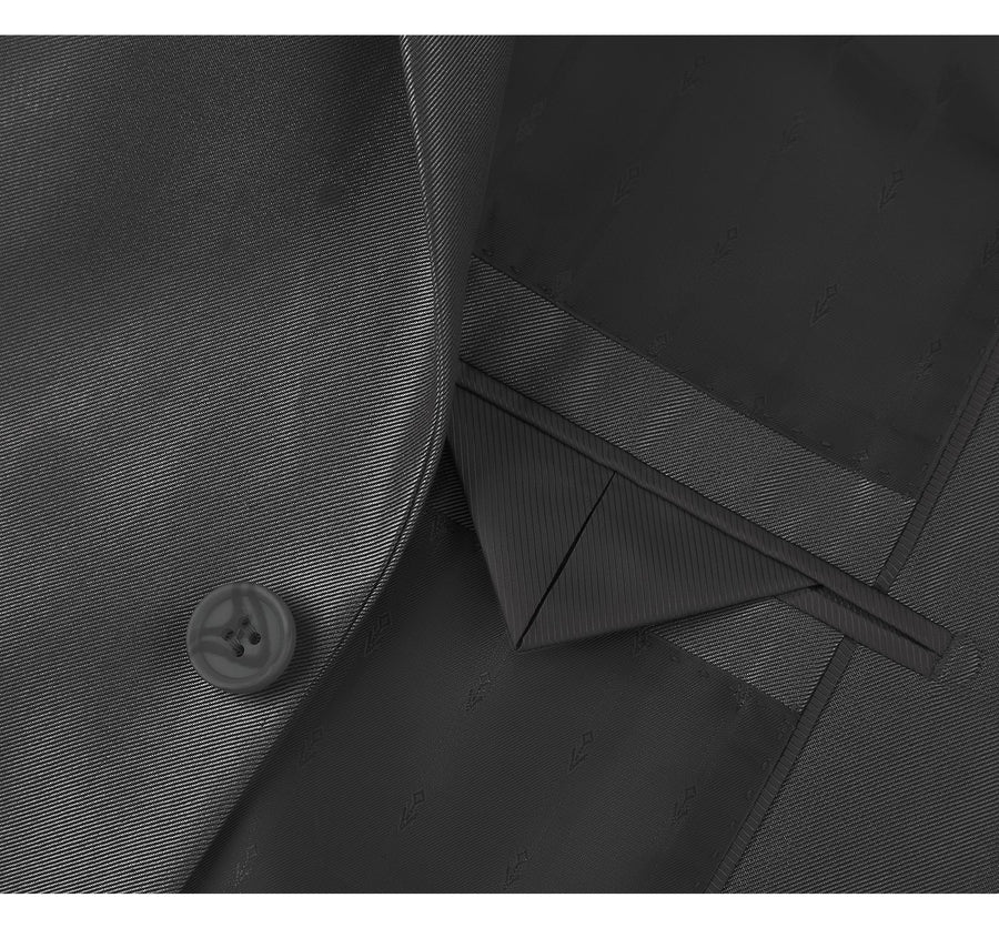 Mens Basic Two Button Slim Fit Suit with Optional Vest in Shiny Black Sharkskin - Image 4