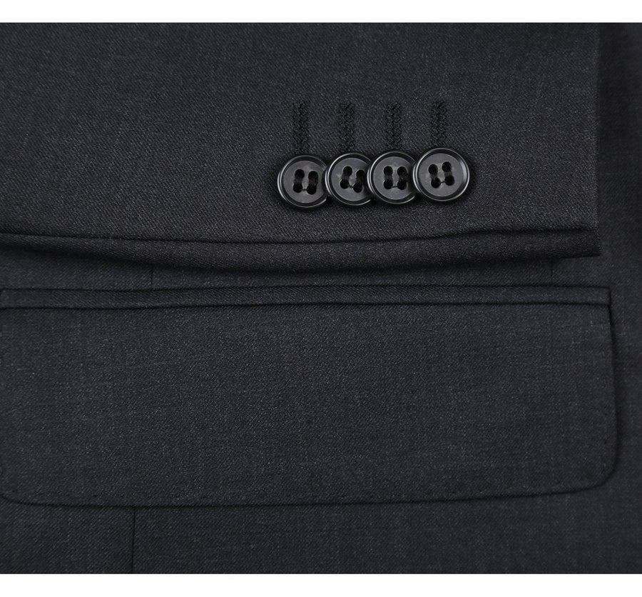 Mens Basic Two Button Slim Fit Wool Suit with Optional Vest in Charcoal Grey - Image 4