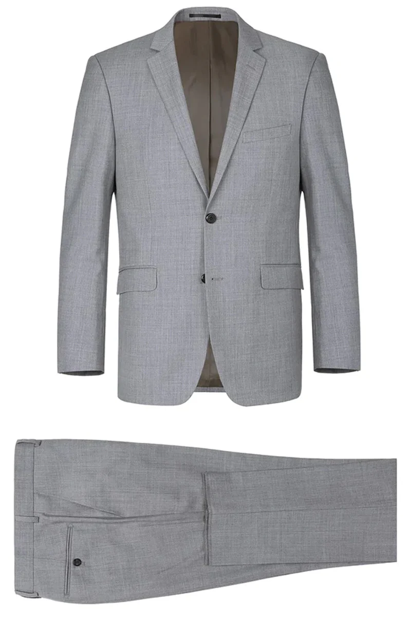 Mens Basic Two Button Slim Fit Wool Suit with Optional Vest in Light Grey - Image 2