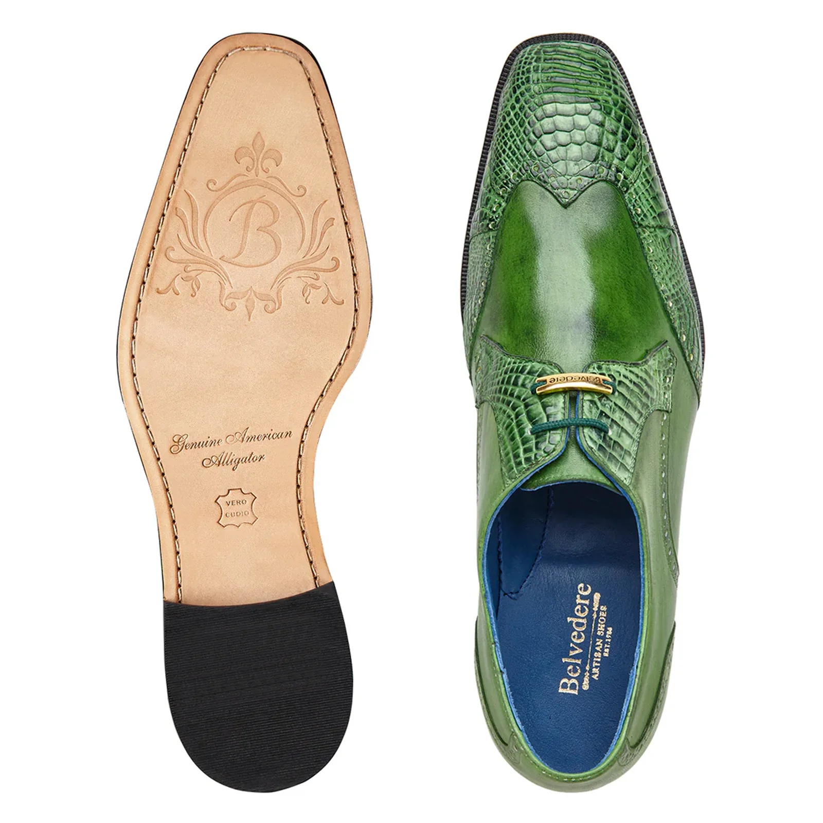 Men's Belvedere Antonio Genuine Alligator & Calfskin Wingtip Dress Shoe in Emerald Green - Image 3