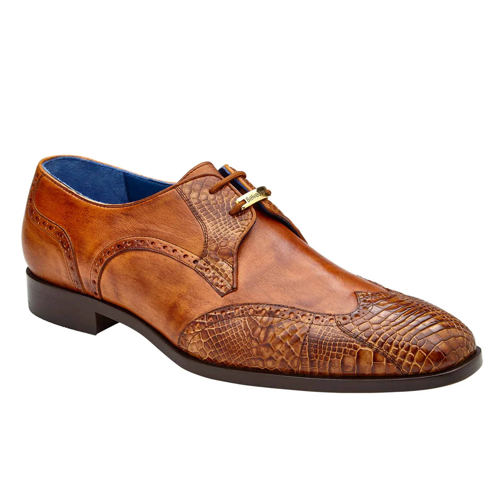 Men's Belvedere Antonio Genuine Alligator & Calfskin Wingtip Dress Shoe in Peanut Brown - Image 2
