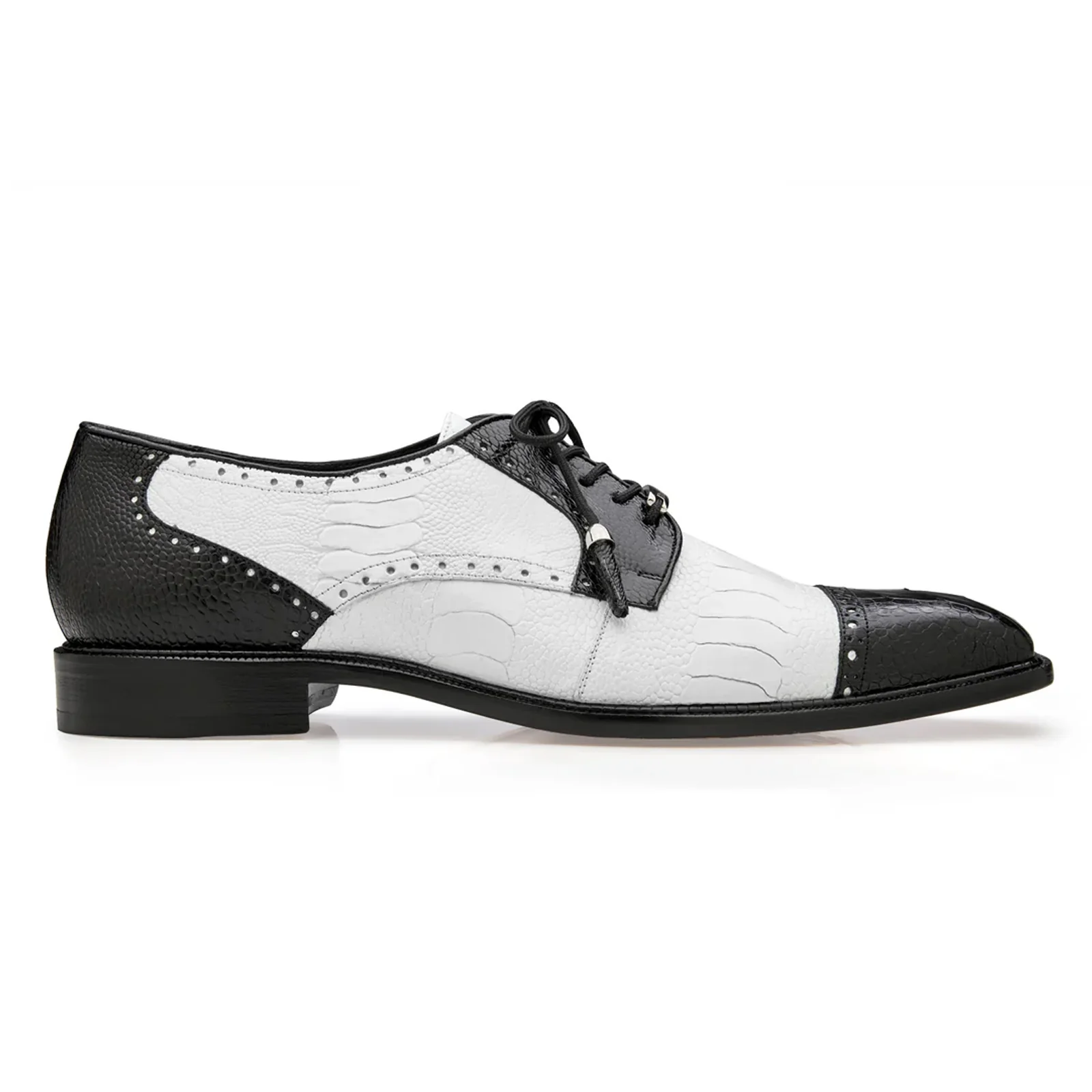Men's Belvedere Batta Cap Toe Ostrich Dress Shoe in Black & White