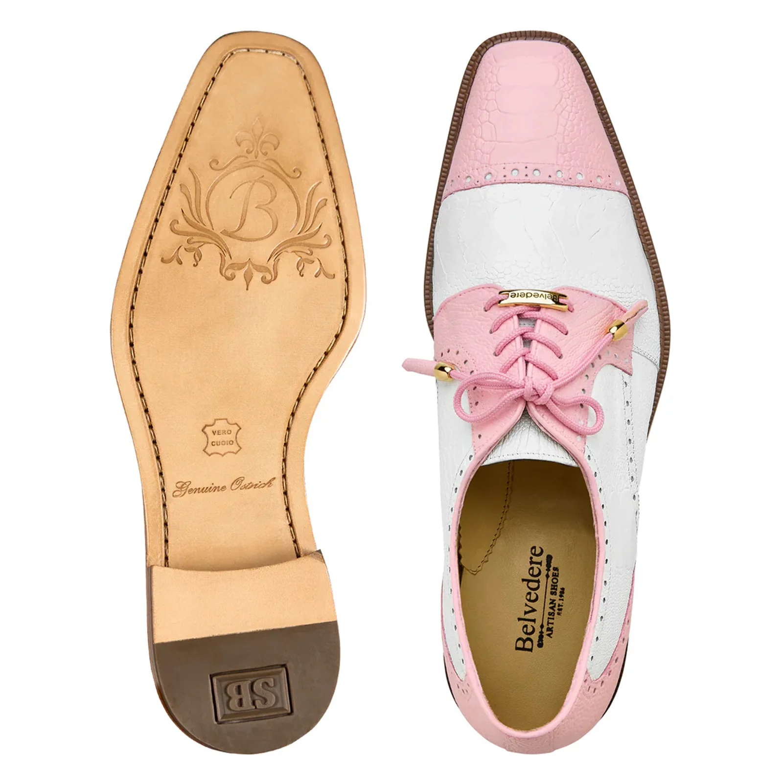 Men's Belvedere Batta Cap Toe Ostrich Dress Shoe in Pink & White - Image 3