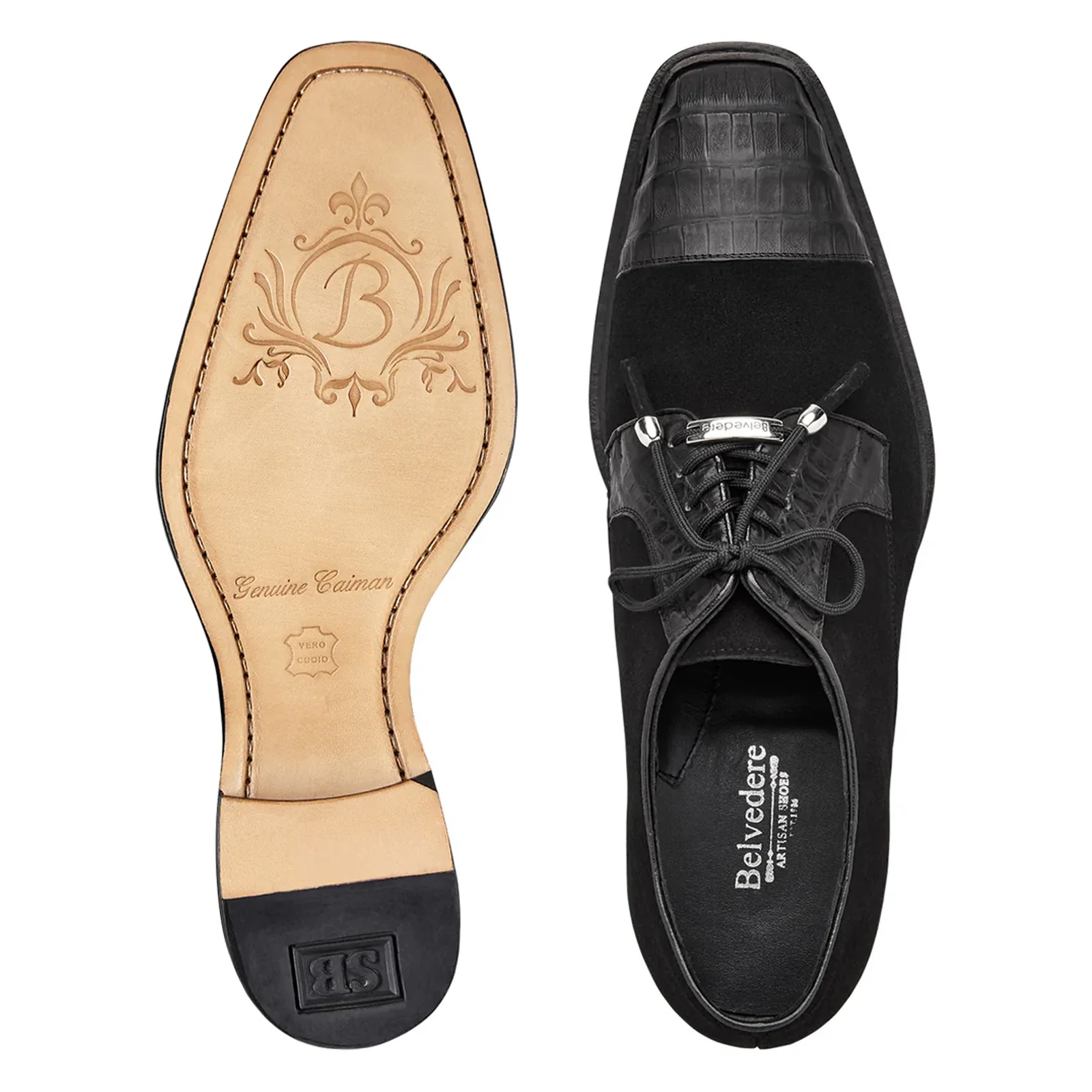 Men's Belvedere Capitano Genuine Crocodile & Suede Captoe Dress Shoe in Black - Image 3