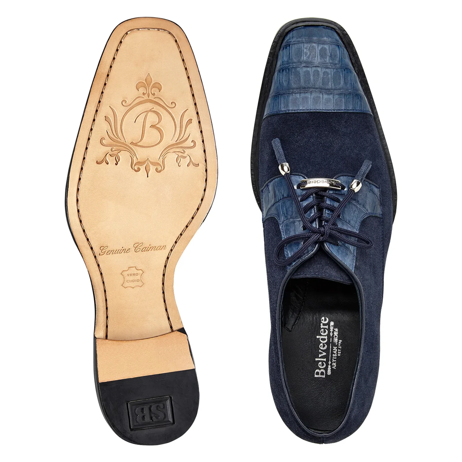 Men's Belvedere Capitano Genuine Crocodile & Suede Captoe Dress Shoe in Navy - Image 3