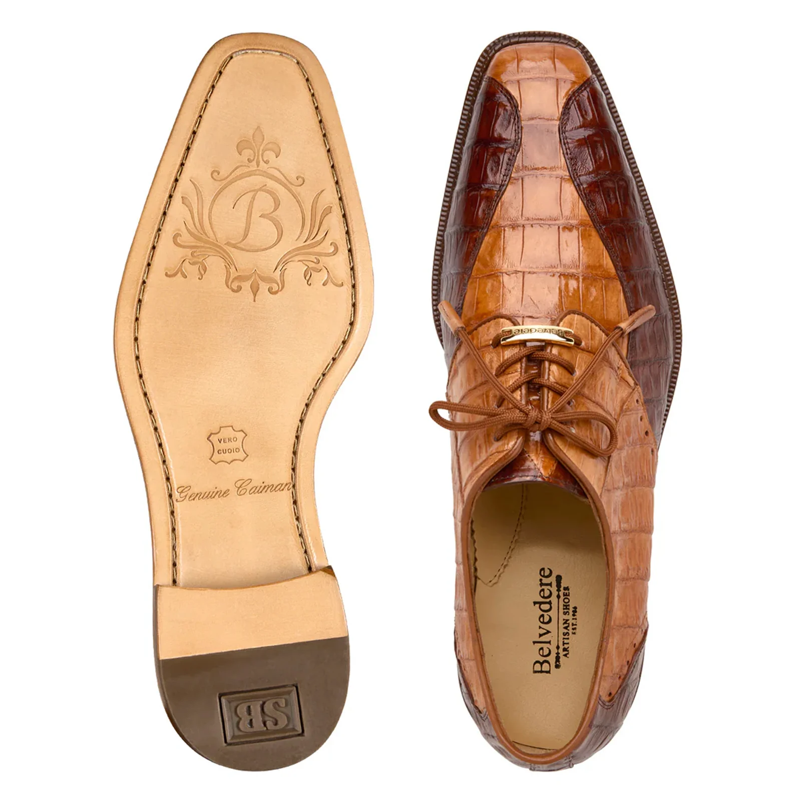 Men's Belvedere Domenico Genuine Crocodile Dress Shoe in Antique Walnut Brown & Saddle - Image 3