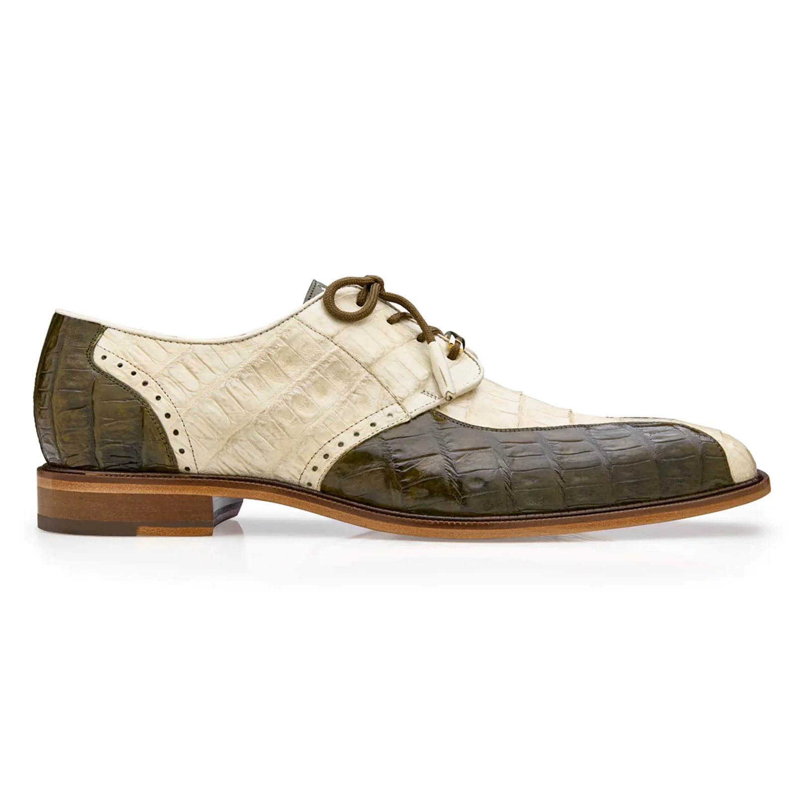 Men's Belvedere Domenico Genuine Crocodile Dress Shoe in Olive Green & Bone