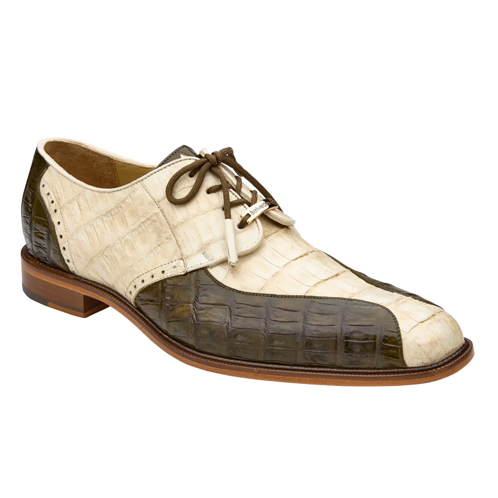Men's Belvedere Domenico Genuine Crocodile Dress Shoe in Olive Green & Bone - Image 2