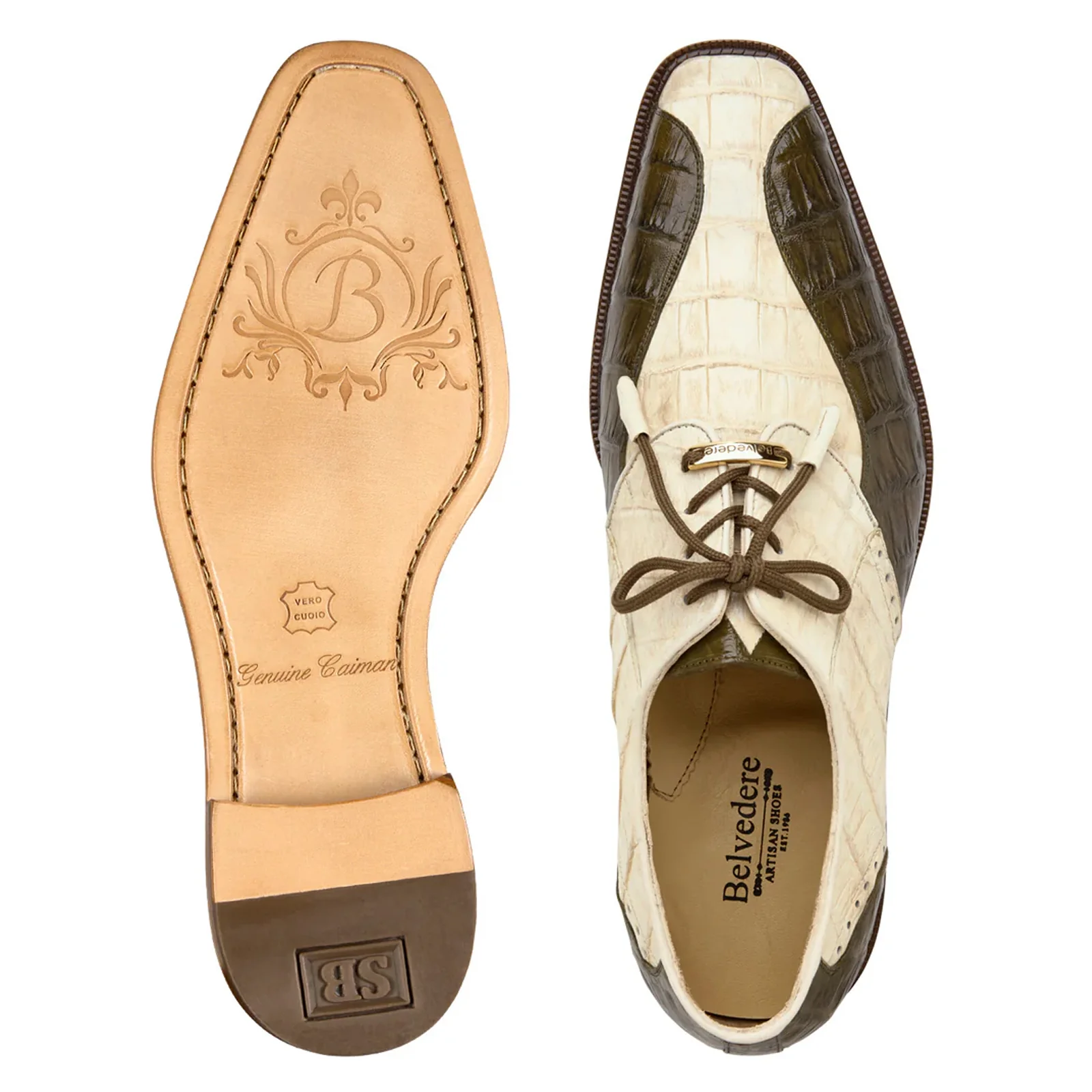 Men's Belvedere Domenico Genuine Crocodile Dress Shoe in Olive Green & Bone - Image 3