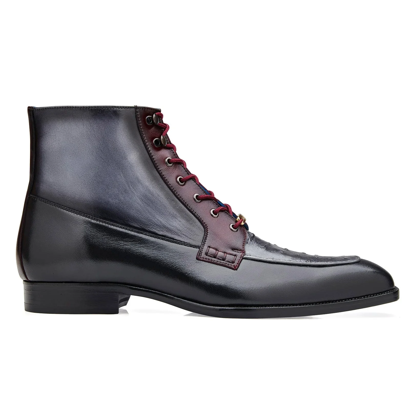 Men's Belvedere Greco Ostrich Quill & Italian Leather Dress Boot in Black & Burgundy