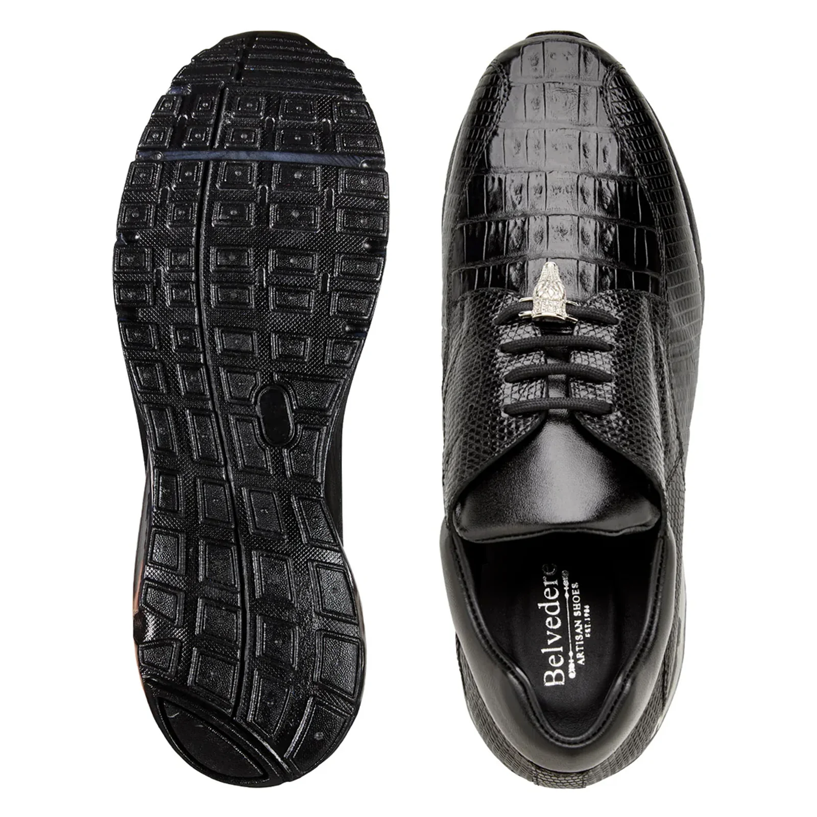 Men's Belvedere Lazaro Genuine Caiman & Lizard Bicycle Toe Dress Sneaker in Black - Image 3