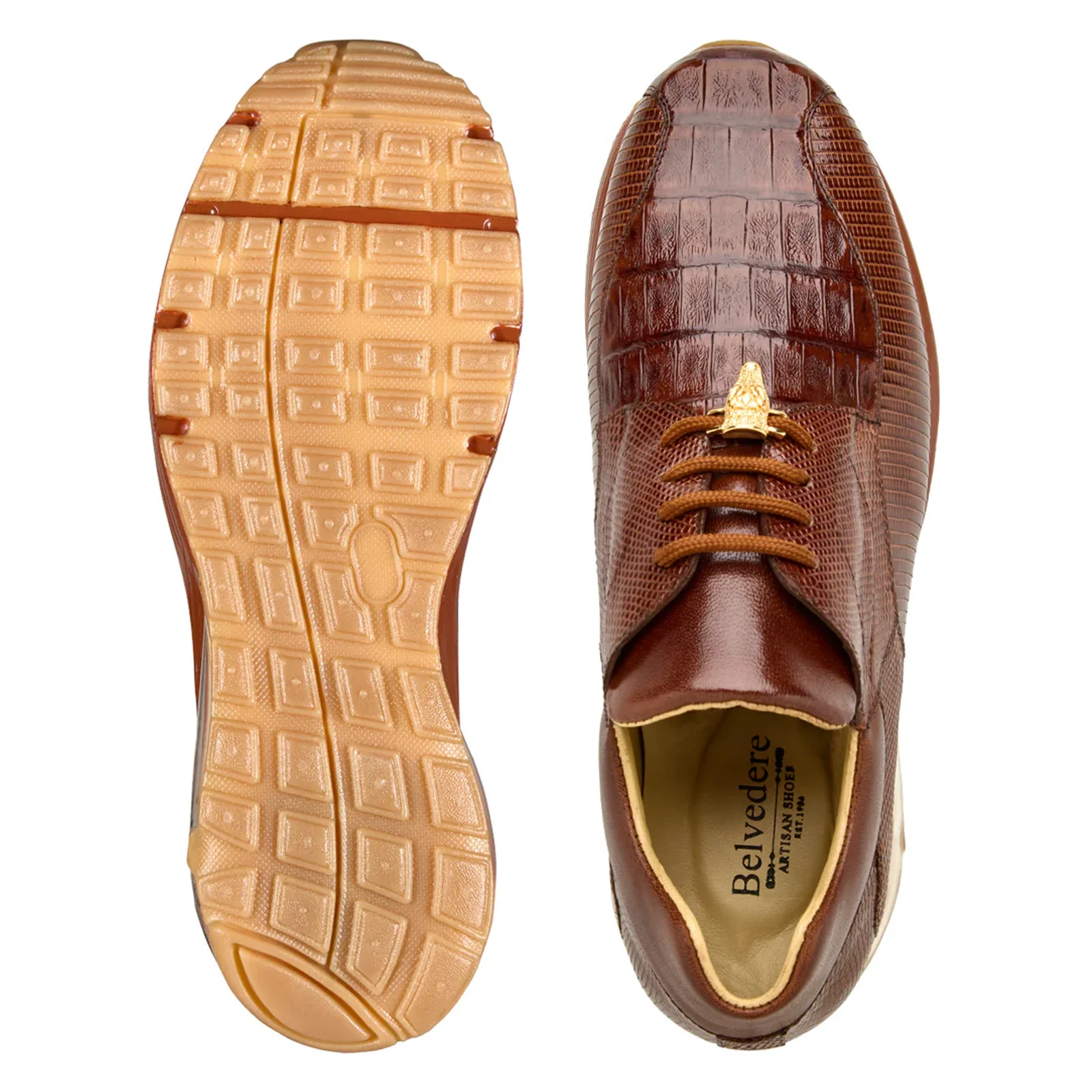 Men's Belvedere Lazaro Genuine Caiman & Lizard Bicycle Toe Dress Sneaker in Peanut Brown - Image 3