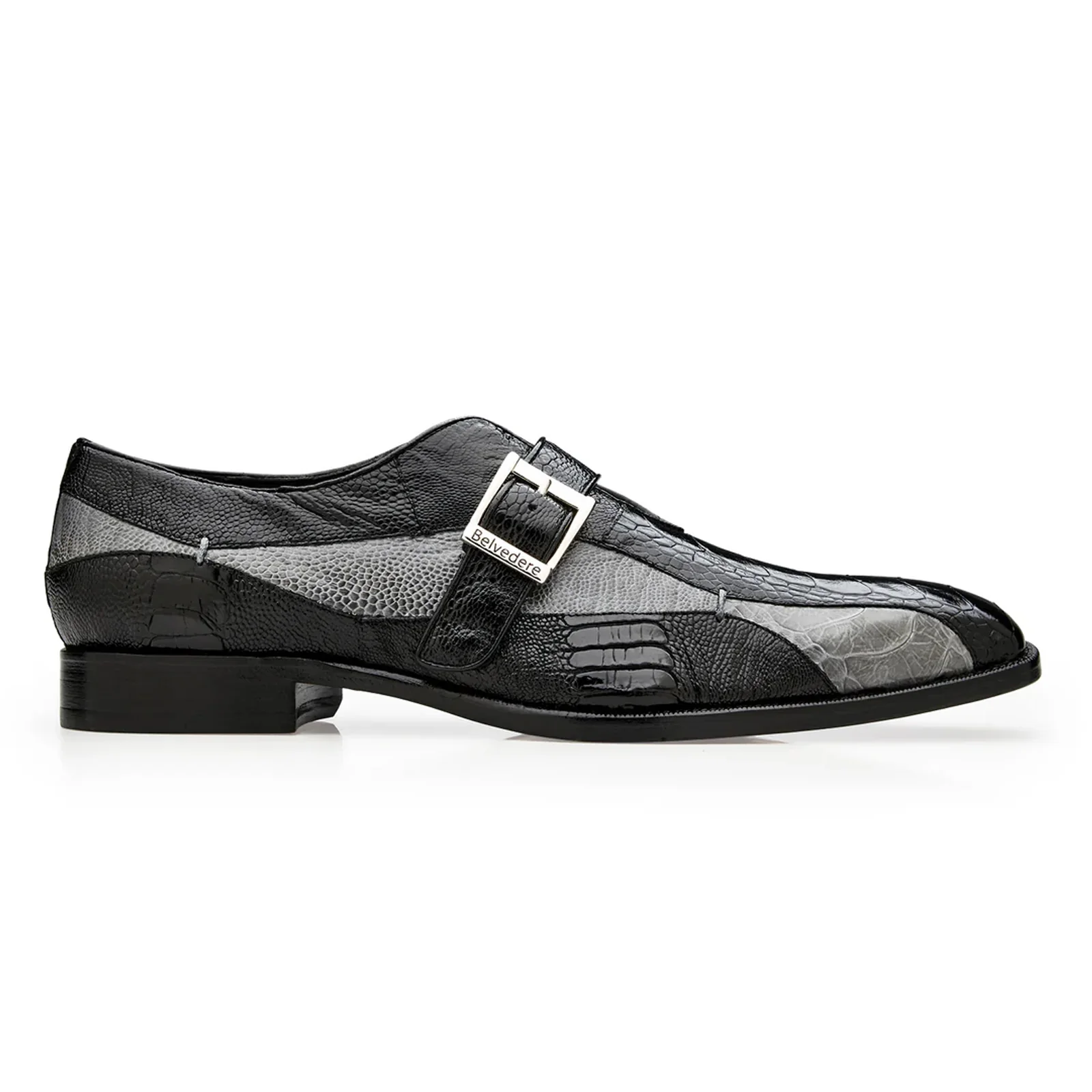 Men's Belvedere Marte Ostrich Leg Monk Strap Dress Shoe in Black & Grey