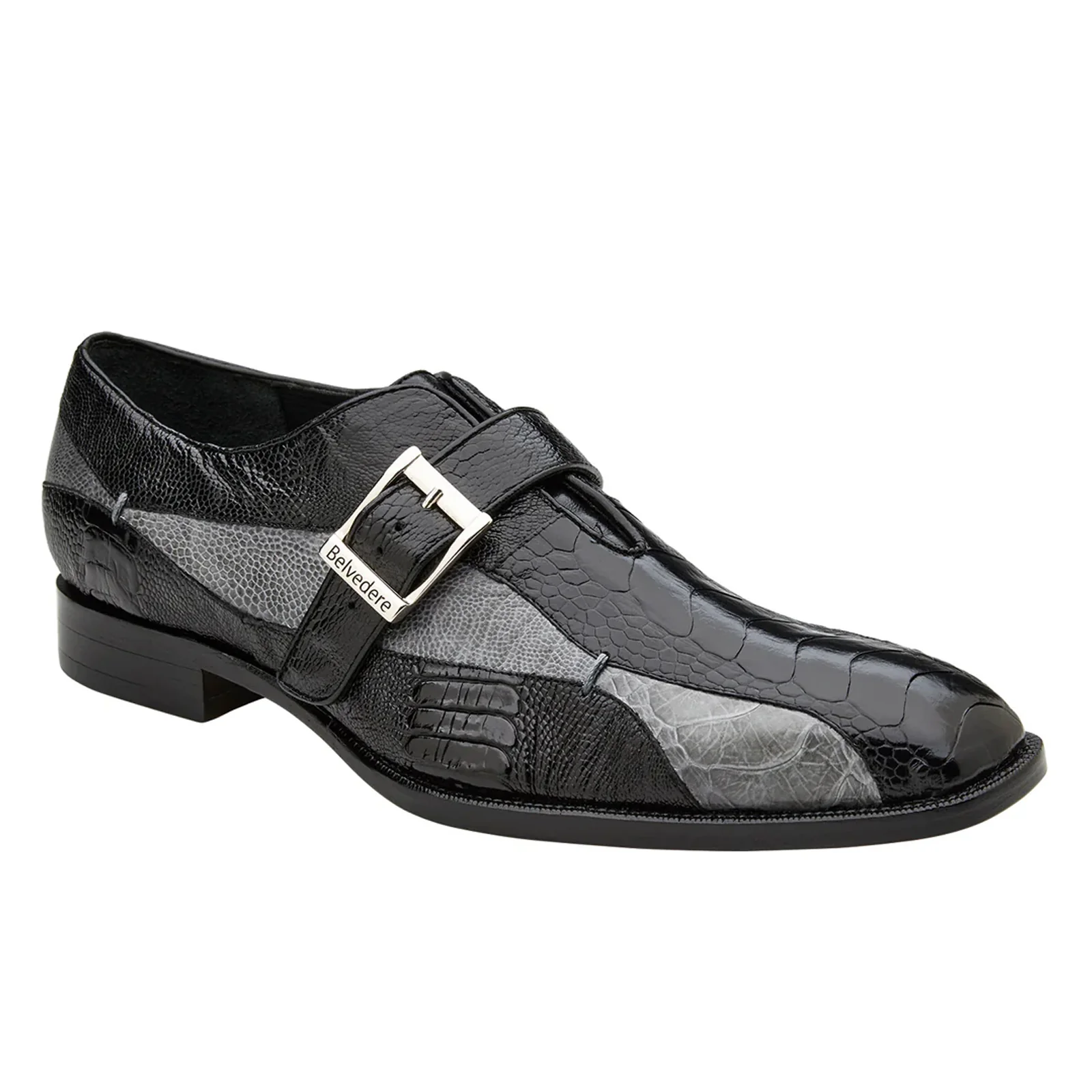 Men's Belvedere Marte Ostrich Leg Monk Strap Dress Shoe in Black & Grey - Image 2