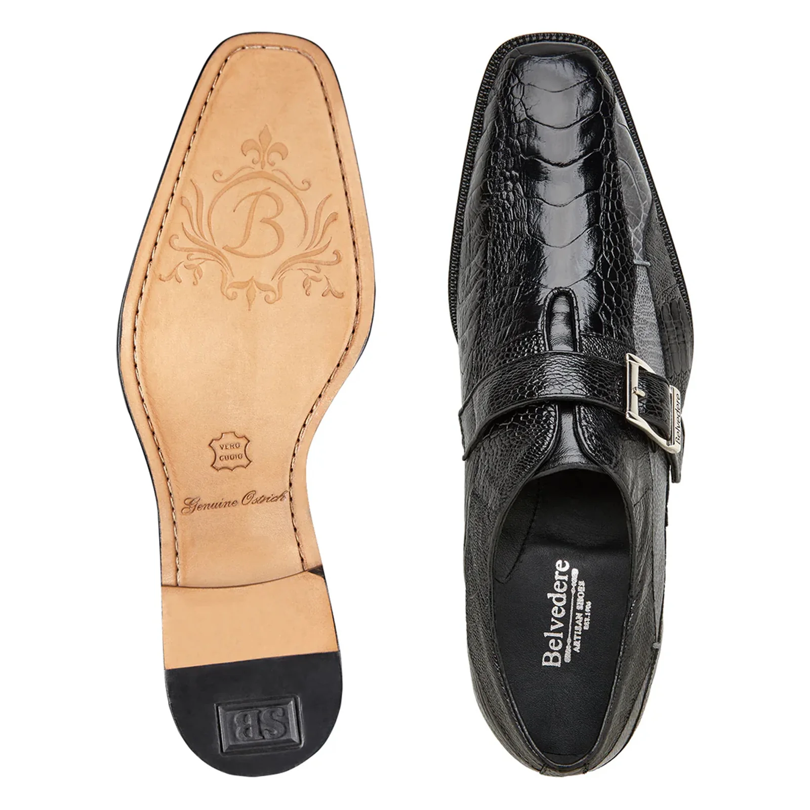 Men's Belvedere Marte Ostrich Leg Monk Strap Dress Shoe in Black & Grey - Image 3