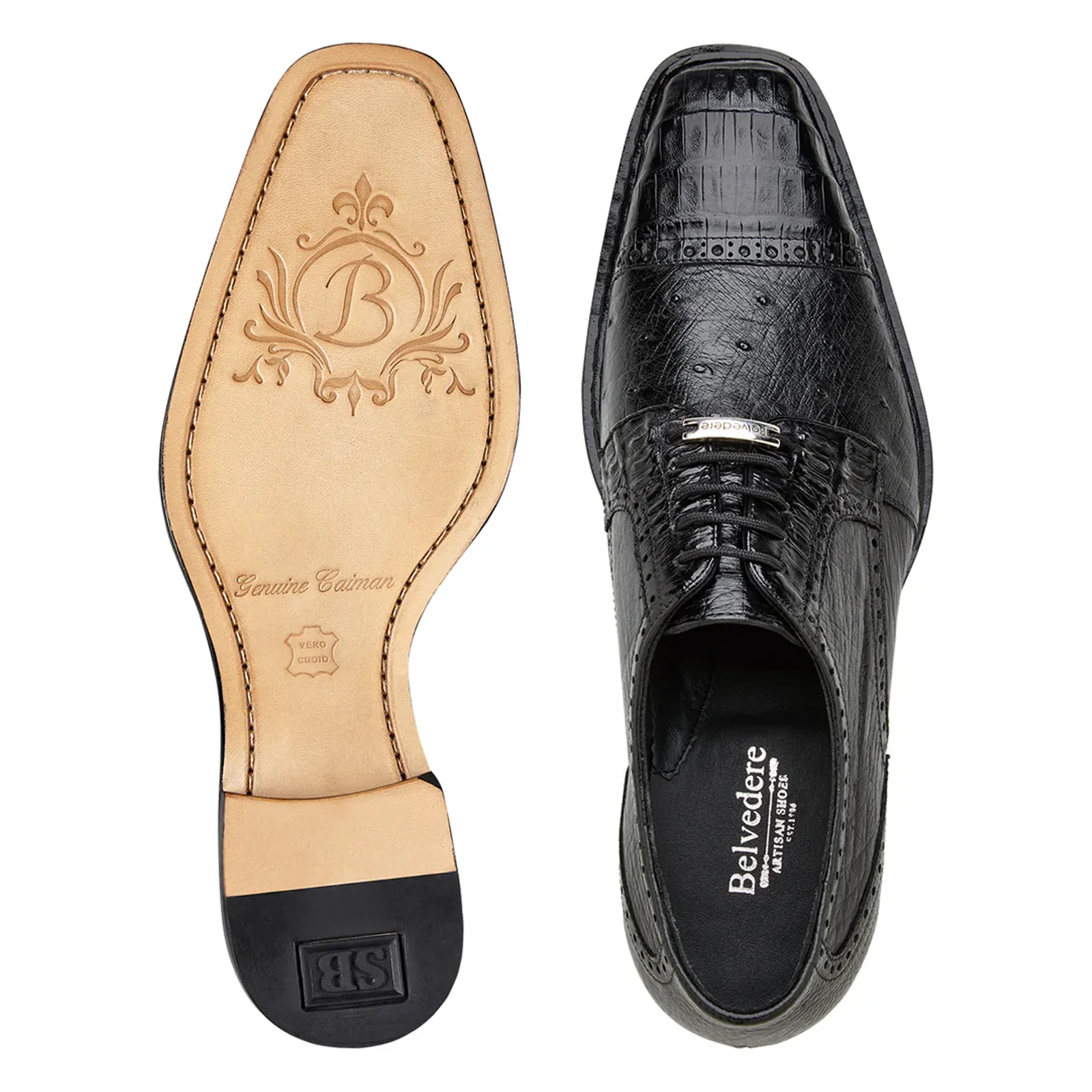 Men's Belvedere Martino Genuine Crocodile & Ostrich Quill Captoe Dress Shoe in Black - Image 2