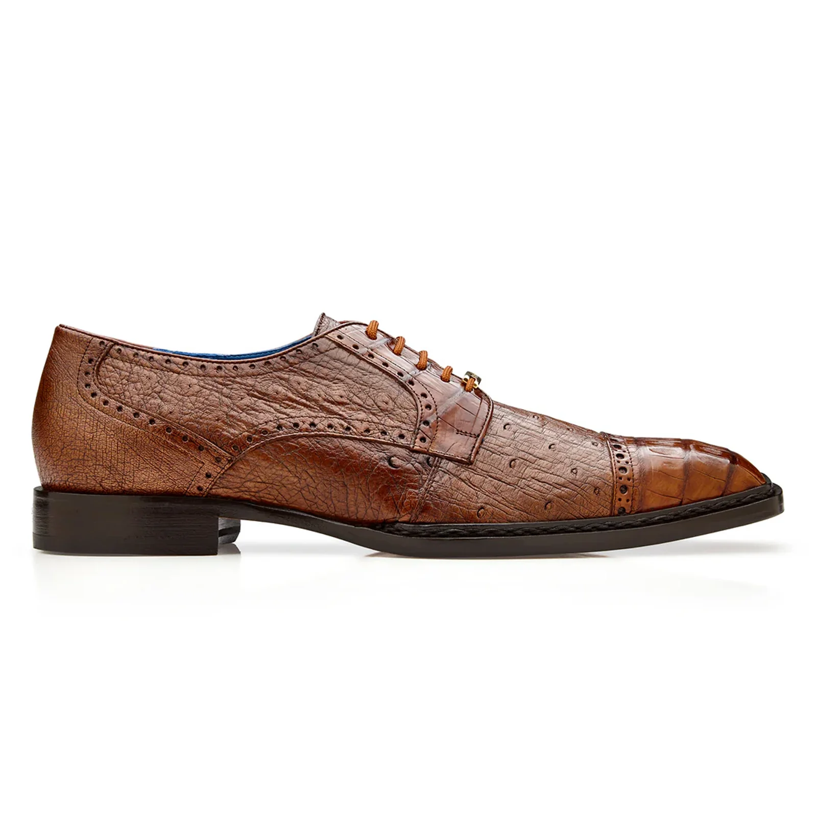 Men's Belvedere Martino Genuine Crocodile & Ostrich Quill Captoe Dress Shoe in Walnut Brown