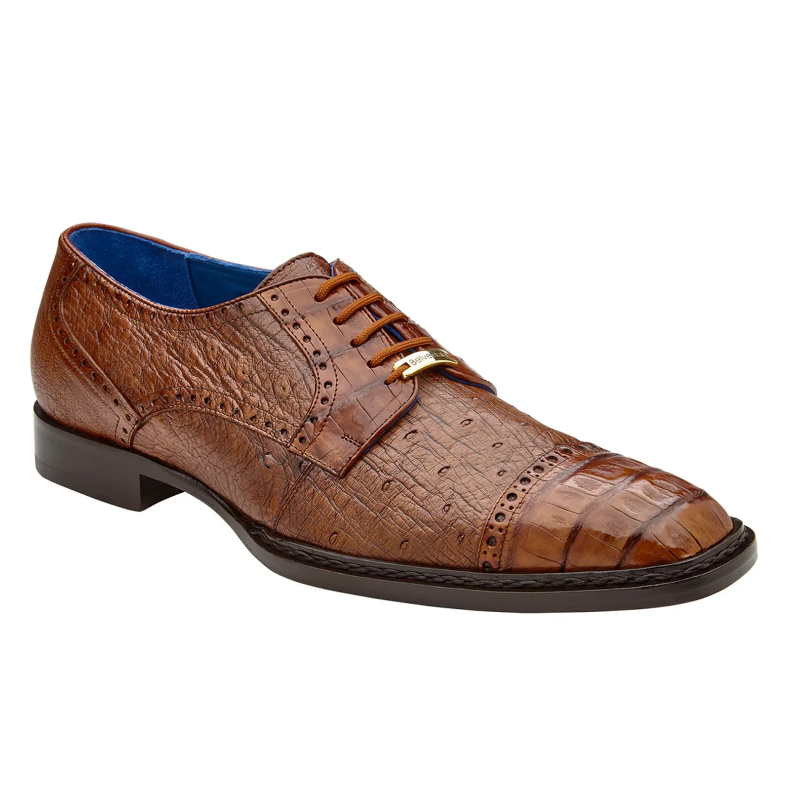 Men's Belvedere Martino Genuine Crocodile & Ostrich Quill Captoe Dress Shoe in Walnut Brown - Image 2